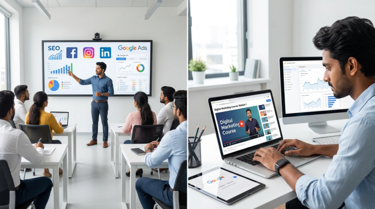 Digital marketing institute vs self learning comparison showing classroom training and online learning on laptop