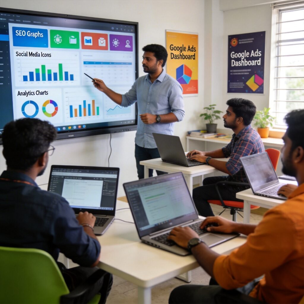 Students attending digital marketing course in Calicut with practical internship training